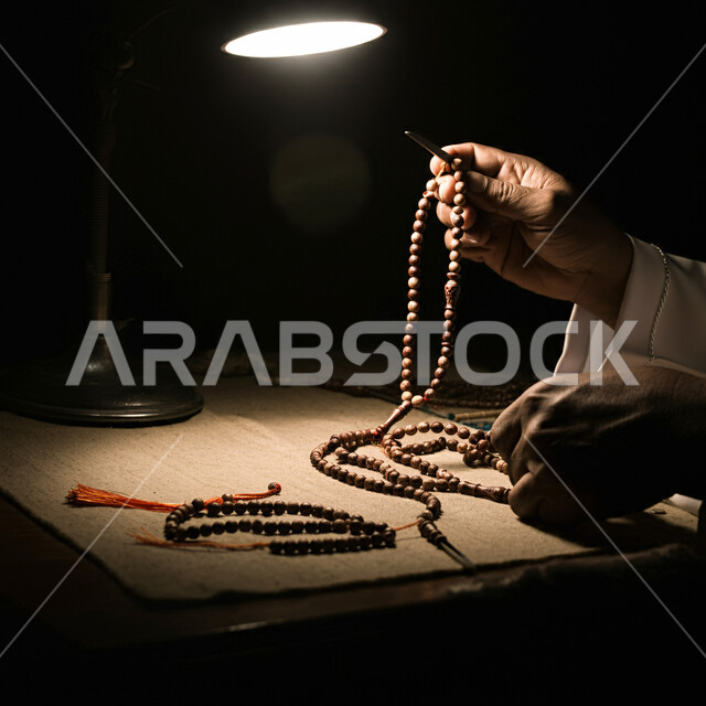 Remembrance of Allah Almighty, a close-up of the hand of a Saudi Arabian Gulf man holding a rosary, striving in worship, supplication, and asking for forgiveness and pardon, getting closer to Allah in the holy month of Ramadan, Islamic and worship