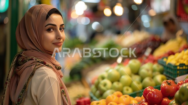 شراء احتياجات المنزل من قسم الخضار والفواكه في المحلات ، صورة مقربة لامرأة خليجية سعودية محجبة ، الفاكهة الملونة الطازجة، قضاء وقت ممتع في التسوق في الأسواق السعودية واختيار الوجبات الخفيفة والأطعمة الصحية