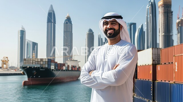 الاستمتاع بالمناظر الطبيعية المتميزة، شاب عربي اماراتي خليجي يرتدي الثوب التقليدي ينظر الى الكاميرا بإيماءات السرور، يخت في وسط البحر, جولات بحريه ممتعه في مارينا دبي, أنشطه ترفيهيه في العطله الصيفيه, السياحه في الإمارات العربية المتحدة