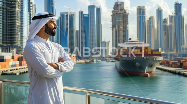 Enjoying the distinctive scenery, a young Emirati Gulf Arab man wearing a traditional dress contemplating the view of the yacht in the sea, enjoyable sea tours in Dubai Marina, recreational activities in the summer vacation, tourism in the United Arab Emirates
