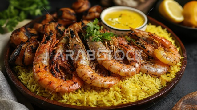 صحن من الأرز بقطع الجمبري مع الخضروات المطبوخة المتبلة، فنون تقديم الأطعمة البحرية الغنية بالنكهات، وصفات وأطباق شعبية لذيذة، مطاعم للمأكولات العربية الخليجية السعودية المشهورة، طرق مميزة لتقديم الطعام البحري بمختلف أنواعه
