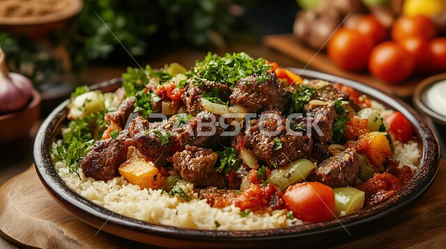 فن الطهي للمأكولات العربية الشرقية، صورة مقربة لطبق من الأرز الأبيض مع الخضروات وقطع اللحم المطهية، أكلات غذائية غنية بالبروتين، وصفات تقليدية مشهورة في مطاعم المملكة العربية السعودية، وجبات وأطباق شعبية