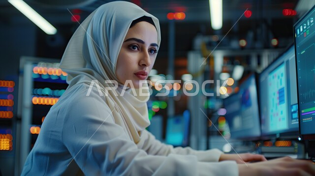 التطور التقني و الرقمي في المملكة العربية السعودية, بناء المواقع و التطبيقات الالكترونية, مفهوم التقدم التكنولوجي, امرأة عربية خليجية سعودية محجبة ترتدي الزي الكاجوال تجلس على الطاولة و تقوم بكتابة الأكواد البرمجية على جهاز الحاسوب