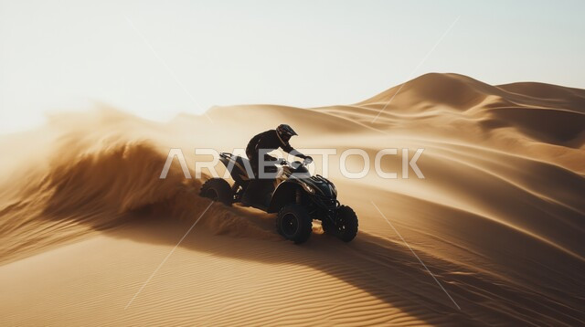 الأنشطة الترفيهية والتحديات الحماسية، ممارسة رياضة التطعيس في صحراء المملكة العربية السعودية، دمج الفعاليات الرياضية بالثقافة السياحية، رجل عربي خليجي سعودي يقوم بقيادة دراجة نارية سريعة في المناطق الصحراوية، بطولة العالم للراليات