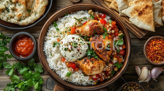 وجبة من الأرز الأبيض والخضراوات، فنون تقديم الأطعمة الشرقية في مطابخ المملكة العربية السعودية, صورة مقربة لطبق من أرز الكبسة مع الدجاج المشوي المزين بالبقدونس والمكسرات, وصفات الطعام الصحية الشهية، أطباق ومأكولات تقليدية