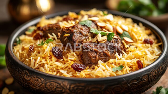 فنون تقديم الطعام في مطاعم المأكولات التقليدية الشرقية، طبق من أرز البرياني اللذيذ مع قطع لحم الضأن المزين بالمكسرات، وصفات وأطباق طعام لذيذة صحية، أكلات شعبية عربية خليجية سعودية