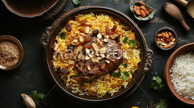 فنون تقديم الطعام في مطاعم المأكولات التقليدية الشرقية، طبق من أرز البرياني اللذيذ مع قطع لحم الضأن المزين بالمكسرات، وصفات وأطباق طعام لذيذة صحية، أكلات شعبية عربية خليجية سعودية