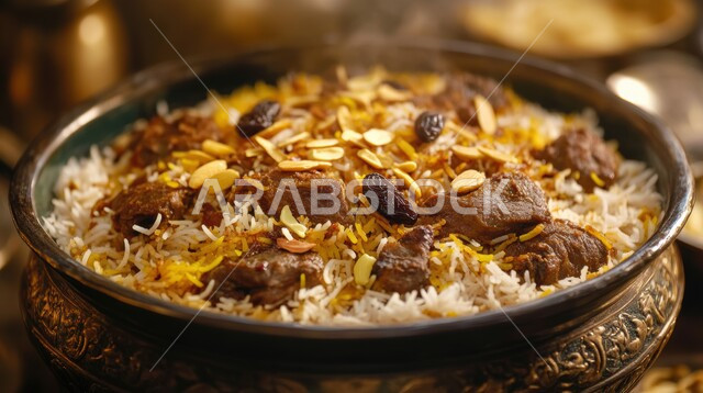 فنون تقديم الطعام في مطاعم المأكولات التقليدية الشرقية، طبق من أرز البرياني اللذيذ مع قطع لحم الضأن المزين بالمكسرات، وصفات وأطباق طعام لذيذة صحية، أكلات شعبية عربية خليجية سعودية