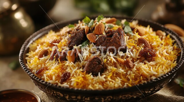 فنون تقديم الطعام في مطاعم المأكولات التقليدية الشرقية، طبق من أرز البرياني اللذيذ مع قطع لحم الضأن المزين بالمكسرات، وصفات وأطباق طعام لذيذة صحية، أكلات شعبية عربية خليجية سعودية