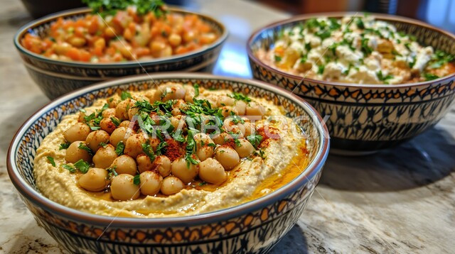 أصناف المقبلات الشعبية الباردة، صورة مقربة لأطباق من الحمص المطحون المزين بزيت الزيتون والفلفل الحلو، مأكولات وأطعمة تقليدية، وجبات الإفطار الصحية الشهية في المطاعم الشرقية، فنون التقديم في مطابخ المملكة العربية السعودية