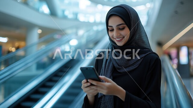 الاستفادة من العروض و الحسومات, شراء الهدايا و المستلزمات الشخصية, استخدام تطبيقات و مواقع التسوق الالكترونية, امرأة عربية خليجية سعودية مبتسمة محجبة ترتدي العباءة السوداء تتجول داخل المول التجاري و تقوم باستعمال الهاتف المحمول