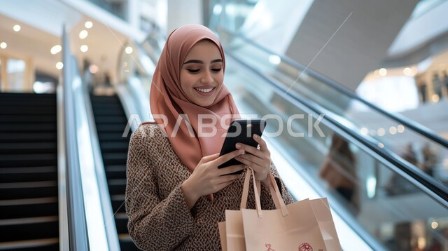 استخدام تطبيقات و مواقع التسوق الالكترونية, شراء الهدايا و المستلزمات الشخصية, الاستفادة من العروض و الحسومات, امرأة عربية خليجية سعودية مبتسمة محجبة ترتدي الزي الكاجوال تتجول داخل المول التجاري و تحمل أكياس ورقية ملونة و الهاتف المحمول بيديها
