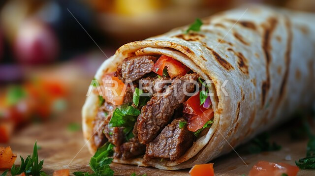 ساندوتش قطع اللحم المشوية مع الطماطم والبقدونس، المطاعم العربية الشرقية في المملكة العربية السعودية، وصفات اللحومات والدجاج المقدمة مع الخضراوات والصلصات المميزة, وجبات الطعام السريعة الشهية، المأكولات والأصناف المشبعة بالدهون