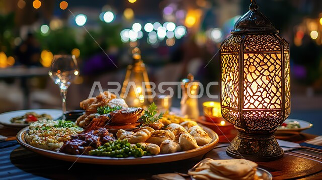 أصناف المقبلات الشعبية، صورة مقربة لطبق من الطعام امام فانوس معدني مضيء، مأكولات وأطعمة تقليدية في شهر رمضان المبارك، الوجبات الصحية الشهية في المطاعم الشرقية، فنون التقديم في مطابخ المملكة العربية السعودية