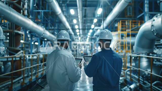 Saudi jobs and professions, working in the engineering sector, integrating modern technology with engineering work, a photo from the back of two Saudi Arabian Gulf engineers wearing helmets and protective vests, holding a portable tablet device, following up on the progress of work in the factory