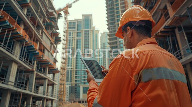 مهن و وظائف سعودية, العمل في القطاع الهندسي, دمج التكنولوجيا الحديثة بالأعمال الهندسية, صورة من الخلف لمهندس عربي خليجي سعودي يرتدي سترة و خوذة الحماية يحمل جهاز التابلت المحمول يقوم بمتابعة سير العمل في المصنع