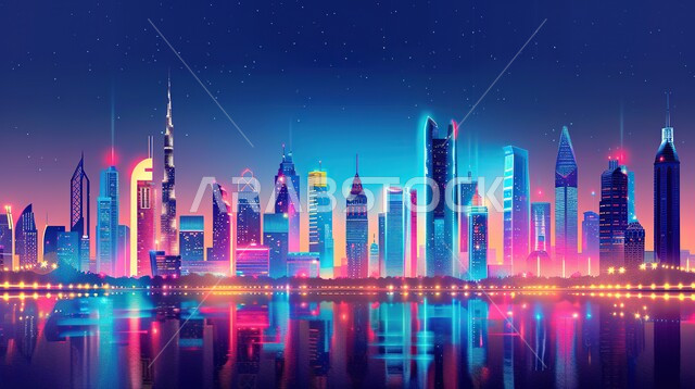 رسم توضيحي ثلاثي الأبعاد للأبراج و ناطحات السحاب المضيئة في المملكة العربية السعودية, المباني و المنشآت التجارية و السكنية, الفن الهندسي المعماري في البناء على الطراز الحديث, مفهوم النمو و التطور العمراني