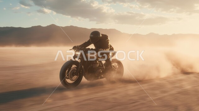 ممارسة رياضة التطعيس في صحراء المملكة العربية السعودية، الأنشطة الترفيهية والتحديات الحماسية، دمج الفعاليات الرياضية بالثقافة السياحية، رجل عربي خليجي سعودي يقوم بقيادة دراجة نارية سريعة في المناطق الصحراوية، بطولة العالم للراليات