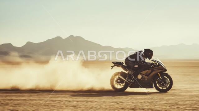 ممارسة رياضة التطعيس في صحراء المملكة العربية السعودية، الأنشطة الترفيهية والتحديات الحماسية، دمج الفعاليات الرياضية بالثقافة السياحية، رجل عربي خليجي سعودي يقوم بقيادة دراجة نارية سريعة في المناطق الصحراوية، بطولة العالم للراليات