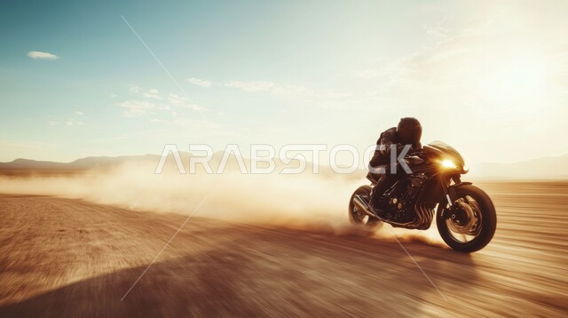 ممارسة رياضة التطعيس في صحراء المملكة العربية السعودية، الأنشطة الترفيهية والتحديات الحماسية، دمج الفعاليات الرياضية بالثقافة السياحية، رجل عربي خليجي سعودي يقوم بقيادة دراجة نارية سريعة في المناطق الصحراوية، بطولة العالم للراليات