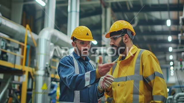المتابعة والاشراف على آلية سير عمل المعدات والآلات داخل المعمل, مصانع المملكة العربية السعودية, مهن ووظائف هندسية, صورة مقربة لمهندسين عربيين خليجيين سعوديين يرتديان الخوذة وسترة الحماية يقفان في موقع العمل
