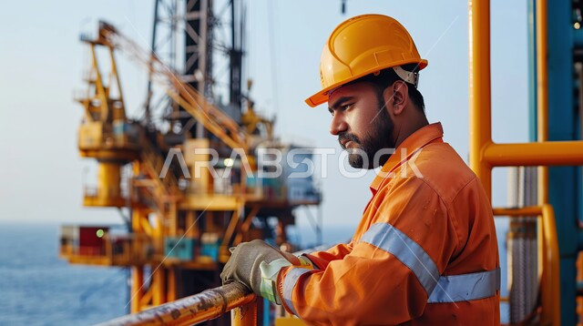 Working in the field of petrochemical industries and projects, steel pipelines and cables, the concept of gas productivity in the Kingdom, monitoring the progress of work in factories and plants, a close-up image of a Saudi Arabian Gulf engineer wearing a helmet and a safety vest working in an oil and gas refining plant