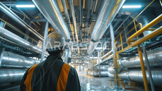 Achieving the industrial revolution, adopting modern techniques and technology in engineering, a picture from the back of a Saudi Arabian Gulf engineer wearing a protective helmet inspecting oil and gas equipment in the factory, Saudi professions and jobs, quality of production and manufacturing