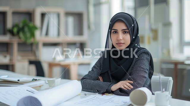 Business management and organization, office jobs and professions, comfortable work environment in companies in the Kingdom of Saudi Arabia, accomplishing tasks and achieving company goals, a veiled Saudi Arabian Gulf woman wearing casual clothes sitting in the office and studying and analyzing projects and plans