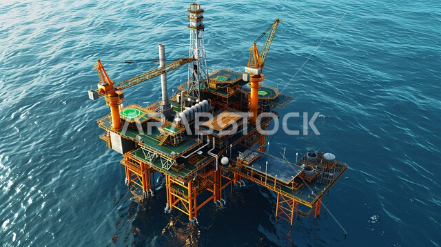 استخراج وتصدير الثروات الباطنية، منصفة نفط لاستنباط الزيوت, حفارة تقوم بالتنقيب عن النفط وسط البحر في المملكة العربية السعودية, آلات حفر ضخمة , جودة الأدوات والمعدات لصناعة وتخزين البترول