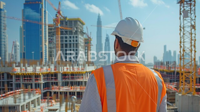 الاشراف على المشاريع في موقع العمل وقت النهار، صورة مقربة من الخلف لمهندس عربي خليجي سعودي يرتدي سترة وخوذة الحماية يقف في مقر الإنشاءات، تطور ونمو القطاع الصناعي في المملكة، مهن ووظائف هندسية سعودية