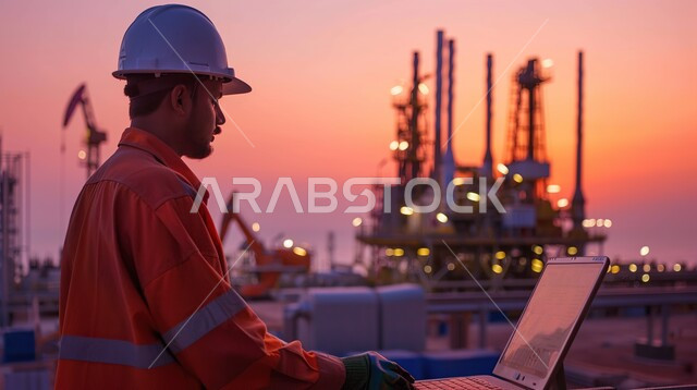 استعمال الأجهزة التقنية في المهن الهندسية، الإشراف على سير أعمال البناء، العمل في مجال الهندسة الإنشائية، متابعة تنفيذ المشاريع المعمارية، صورة مقربة لمهندس عربي خليجي سعودي يرتدي معطف الحماية يقوم بمتابعة الخطط في موقع العمل عبر جهاز اللابتوب