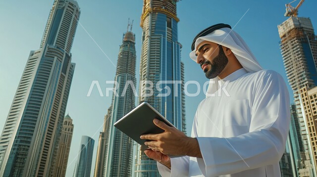 جلسة عمل عن بعد، عقد إجتماع العمل عبر الإنترنت، إستخدام التكنولوجيا والاجهزة التقنية الحديثة للتسويق الالكتروني، صورة مقربة لرجل اعمال عربي خليجي اماراتي يرتدي الكندورة والغترة البيضاء يستخدم جهاز التابلت لتصفح الإنترنت، خلفية ابراج الامارات