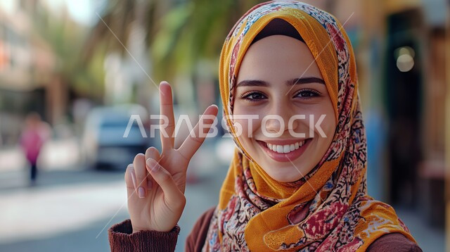 مفهوم الأنوثة و النعومة, أزياء محجبات عصرية أنيقة, الاهتمام بالأناقة و المظهر الخارجي, صورة مقربة لشابة عربية خليجية سعودية مبتسمة محجبة ترتدي الزي الكاجوال ترفع يدها بتعابير النصر و السلام و تنظر إلى الكاميرا بإيماءات السعادة و السرور