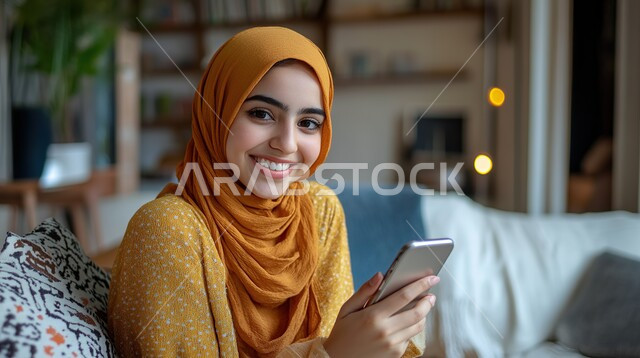 استخدام الأجهزة التقنية الحديثة و المتطورة للتسلية و الترفيه, تصفح وسائل التواصل الاجتماعي, شابة عربية خليجية سعودي مبتسمة محجبة ترتدي الزي الكاجوال تجلس على الأريكة و تمسك بيدها الهاتف المحمول, النظر إلى الكاميرا بإيماءات السعادة و السرور