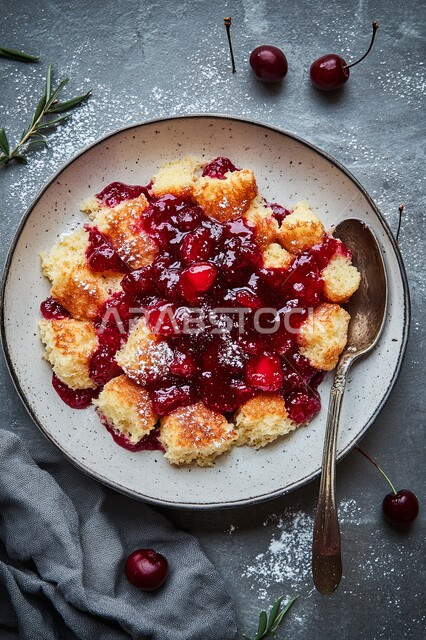 طبق أبيض به كمية كبيرة من الزلابية الرقيقة المغطاة بصلصه  الكرز، وصفات وأطباق حلوى لذيذة، مطاعم للمأكولات العربية الشرقية ، ضيافة المناسبات والأعياد في المملكة العربية السعودية 