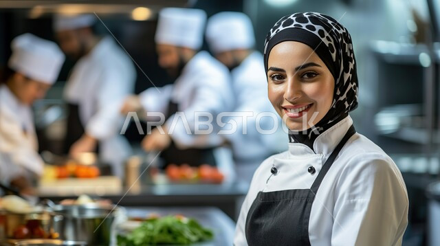  احتراف مهنة و فنون الطبخ, الفن في إعداد وتقديم الأصناف المتنوعة، العمل في مطابخ و مطاعم المملكة العربية السعودية, طباخة عربية خليجية سعودية مبتسمة محجبة ترتدي المريلة تقف داخل المطبخ و تنظر إلى الكاميرا بإيماءات السعادة و السرور