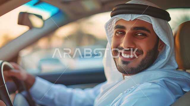 خدمات النقل الامنة، صورة مقربة لرجل عربي خليجي إماراتي يرتدي الكندورة ينظر الى الكاميرا بإيماءات السرور يقوم بقيادة السيارة ويضع حزام الامان، خدمة توصيل الركاب، دروس تعليم قيادة السيارات