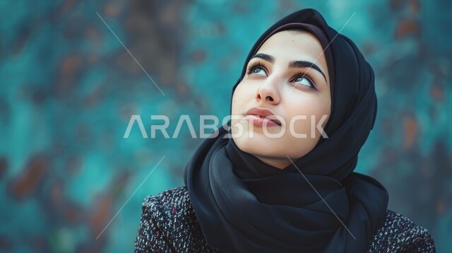 أزياء محجبات عصرية حديثة، الاهتمام بالأناقة والمظهر الخارجي، مفهوم النعومة و الأنوثة، بورتريه مقرب لإمرأة عربيه خليجيه سعودية ترتدي الحجاب تنظر إلى شيء ما بإيماءات التفكير، خلفية زرقاء