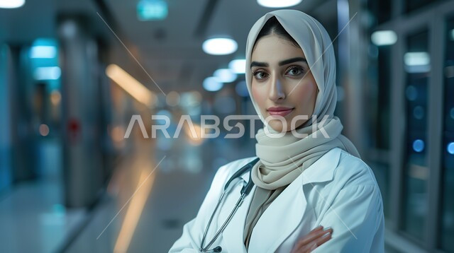 تقديم الخدمات العلاجية والفحوصات الطبية للمرضى, ايماءات السعادة والسرور، العمل في القطاع الصحي, صورة مقربة لطبيبة عربية خليجية سعودية محجبة مبتسمة ترتدي المعطف الطبي الأبيض, الوقوف باستقامة والنظر إلى الكاميرا بثقة, مهن ووظائف نسائية سعودية