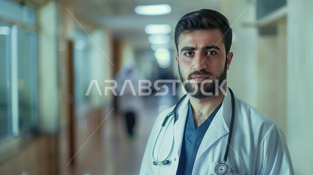 Providing medical services and examinations to patients, the concept of masculinity and handsomeness, working in the health sector, a close-up of a Saudi Arabian Gulf doctor wearing a white medical coat looking at the camera with gestures of self-confidence, women's professions and jobs