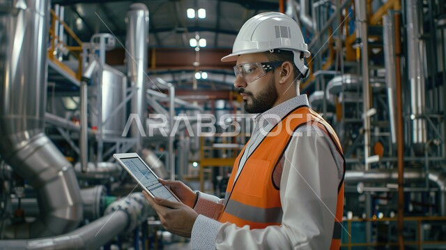 Integrating modern and advanced technologies into engineering work, working in the engineering sector, development and growth of the engineering field in the Kingdom of Saudi Arabia, a Saudi Arabian Gulf engineer wearing a protective jacket and helmet stands at the workplace and holds a tablet in his hands