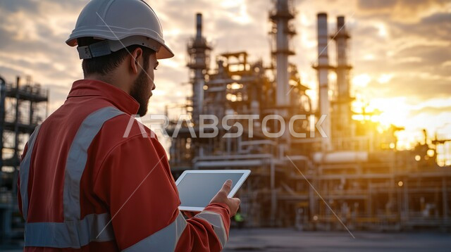 Integrating modern and advanced technologies into engineering work, working in the engineering sector, development and growth of the engineering field in the Kingdom of Saudi Arabia, a Saudi Arabian Gulf engineer wearing a protective jacket and helmet stands at the workplace and holds a tablet in his hands