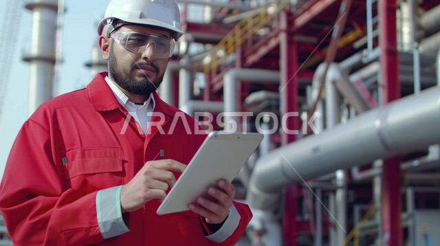 دمج التقنيات الحديثة و المتطورة بالأعمال الهندسية, العمل في القطاع الهندسي, تطور و نمو مجال الهندسة في المملكة العربية السعودية, مهندس عربي خليجي سعودي يرتدي سترة و خوذة الحماية يقف في مقر العمل و يحمل بيديه الجهاز اللوحي