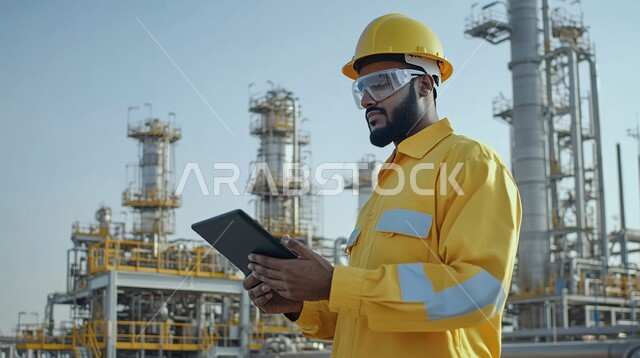 Integrating modern and advanced technologies into engineering work, working in the engineering sector, development and growth of the engineering field in the Kingdom of Saudi Arabia, a Saudi Arabian Gulf engineer wearing a protective jacket and helmet stands at the workplace and holds a tablet in his hands