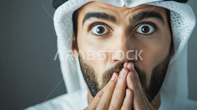 الصدمة والتعجب من حصول أمر ما، ايماءات تدل على الذهول لسماع خبر مفاجئ، بورتريه مقرب لرجل عربي خليجي اماراتي يرتدي الزي التقليدي ينظر إلى الكاميرا يضع يده على فمه بتعابير الدهشة والخوف، خلفية رمادية