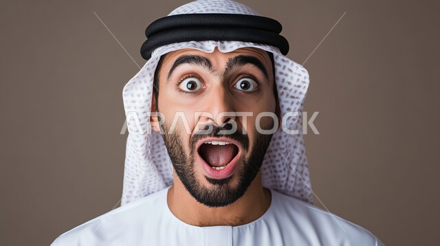الصدمة والتعجب من حصول أمر ما، ايماءات تدل على الذهول لسماع خبر مفاجئ، بورتريه مقرب لرجل عربي خليجي اماراتي يرتدي الزي التقليدي ينظر إلى الكاميرا بتعابير الدهشة والخوف، خلفية بنية