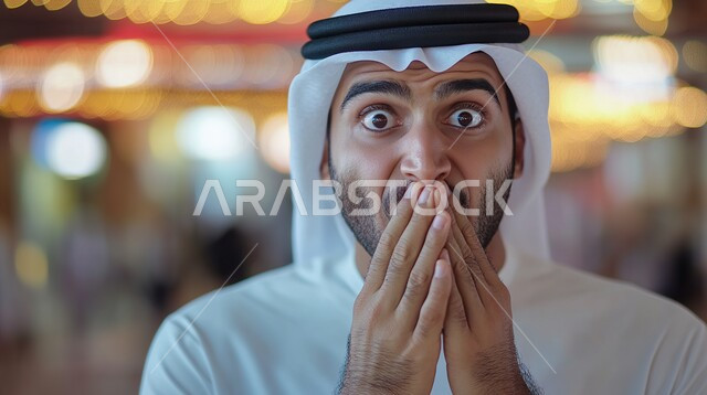 الصدمة والتعجب من حصول أمر ما، ايماءات تدل على الذهول لسماع خبر مفاجئ، صورة مقربة لرجل عربي خليجي اماراتي يرتدي الزي التقليدي ينظر إلى الكاميرا يضع يده على فمه بتعابير الدهشة والخوف، خلفية ضبابية
