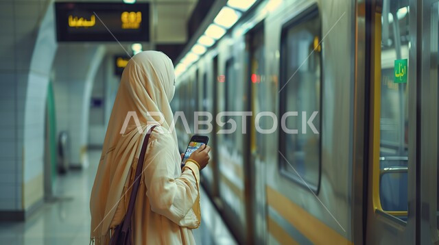 القدرة على التنقل من منطقة لأخرى بأريحية، الفن الهندسي لتطور وتقدم وسائل النقل والمواصلات، صورة من الخلف لإمرأة عربية خليجية سعودية محجبة تقوم باستخدام الهاتف المحمول في محطة القطار، استخدام التقنيات والأجهزة الحديثة