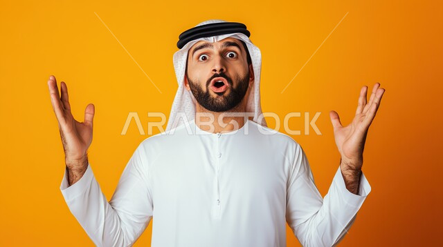الصدمة والتعجب من حصول أمر ما، ايماءات تدل على الذهول لسماع خبر مفاجئ، بورتريه مقرب لرجل عربي خليجي اماراتي يرتدي الزي التقليدي ينظر إلى الكاميرا يرفع يديه للاعلى بتعابير الدهشة والخوف، خلفية صفراء