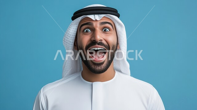 الصدمة والتعجب من حصول أمر ما، ايماءات تدل على الذهول لسماع خبر مفاجئ، بورتريه مقرب لرجل عربي خليجي اماراتي يرتدي الزي التقليدي ينظر إلى الكاميرا بتعابير الدهشة والخوف، خلفية زرقاء